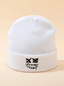 MAKEFGE 1pc Unisex Autumn/Winter Black Outdoor Casual Fashion Smiling Face Embroidery Beanie Hat, Soft Warm Simple Lightweight Knit Cap For Daily Matching