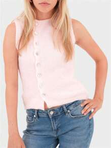Women's Knit Vest Summer Knit Tank Tops Solid Color Sweater Sleeveless Crew Neck Knitwear Front Button Slim - Pink - View 2