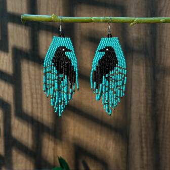 Bohemian Beaded Earrings, Black Crow Feather Long Tassel Earrings, Handmade Seed Bead & Glass Bead Earrings For Women, Suitable For Halloween, Daily Wear, Christmas Gift