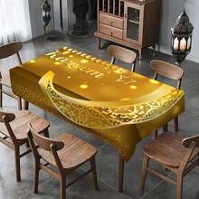 1 Stück Ramadan Kareem Polyester Tischdecke, Design mit goldenen Mond und goldenen Text, rechteckige waschbare Tischdecke, Ramadan Themen Party Dekoration Tischdecken, für Picknicks, Camping, Hochzeiten, Geburtstagsfeiern