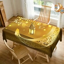 1 Stück Ramadan Kareem Polyester Tischdecke, Design mit goldenen Mond und goldenen Text, rechteckige waschbare Tischdecke, Ramadan Themen Party Dekoration Tischdecken, für Picknicks, Camping, Hochzeiten, Geburtstagsfeiern