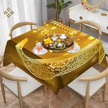 1 Stück Ramadan Kareem Polyester Tischdecke, Design mit goldenen Mond und goldenen Text, rechteckige waschbare Tischdecke, Ramadan Themen Party Dekoration Tischdecken, für Picknicks, Camping, Hochzeiten, Geburtstagsfeiern