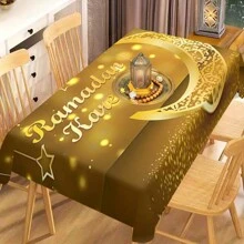 1 Stück Ramadan Kareem Polyester Tischdecke, Design mit goldenen Mond und goldenen Text, rechteckige waschbare Tischdecke, Ramadan Themen Party Dekoration Tischdecken, für Picknicks, Camping, Hochzeiten, Geburtstagsfeiern