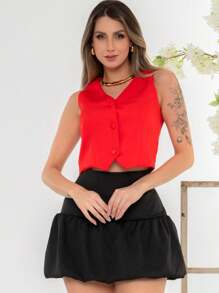 Women's Short Vest Lined Tailored With Buttons Formal V-Neckline - Red - View 1
