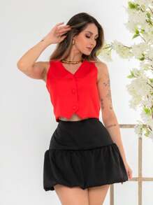 Women's Short Vest Lined Tailored With Buttons Formal V-Neckline - Red - View 3