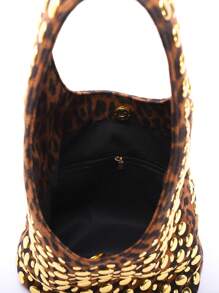 1pc Brown Leopard Print Suede-Like PU Leather Drawstring Bucket Bag, Stylish Gold Rivet Embellished Shoulder Bag For Women, Chic Office & Commuting Use - Brown - View 9