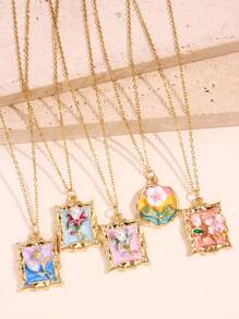 1 pieza Collar colgante de metal esmaltado con pintura de flores coloridas, joyas elegantes y románticas de moda para fiestas para mujeres