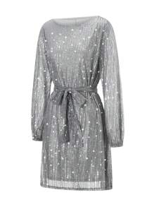 S Sequin Party Dress, Sparkle Long Sleeve Round Neck Short Cocktail Dress With Belt - 銀灰色 - 查看 3
