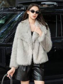 HH Faux Fur Jacket For Women Elegant Solid Lapel Long Sleeve Coat Casual Loose Female Winter Oversize Lady Chic Streetwear Jakcets - 灰色 - 查看 9