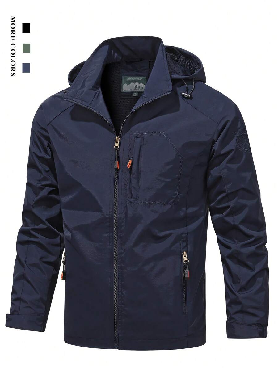 Áo khoác thể thao ngoài trời thường ngày cho nam 2025, màu trơn, mũ trùm đầu có thể tháo rời, áo khoác du lịch đi bộ đường dài mùa xuân nhẹ cho nam - Màu xanh hải quân - Xem 1