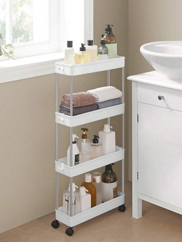 SONGMICS Carrello Portaoggetti a 4 Livelli, Carrello con Ruote, Carrello da Cucina Salvaspazio in Bagno Ufficio, 14,4 x 42 x 86 cm, Bianco Nuvola