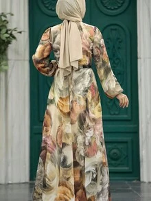 [Middle Eastern Style A-Line Dress] Elegant Women's A-Line Dress | Middle Eastern Style Print, Adjustable Waist Belt, Long Sleeve, Round Neck, Machine Washable | Suitable For Spring, Summer, Autumn, Casual And Formal Occasions, Fashionable Dress, Formal Wear, Waist Decoration, Non-Stretch Fabric Vacation - Earthy Yellow - View 2