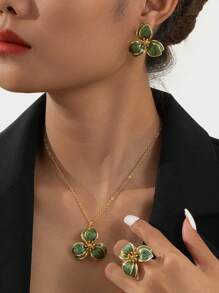 1 件优雅绿色花卉吊坠项链、1 件戒指、1 对耳环 - 绿色珠宝套装 - 綠色 - 查看 1