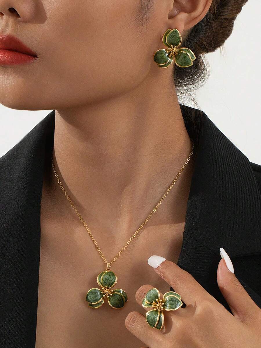 1 件优雅绿色花卉吊坠项链、1 件戒指、1 对耳环 - 绿色珠宝套装 - 綠色 - 查看 1