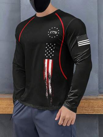 男士图案印花圆领长袖运动 T 恤、健身训练打底衫、休闲街头服饰