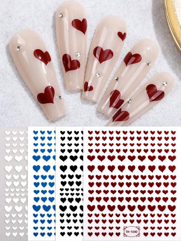Beauty Sticker 4 Sheets Red & Blue Heart-Shaped Nail Sticker Sets, DIY Self-Adhesive Nail Art Decorations, Suitable For Valentine's Day