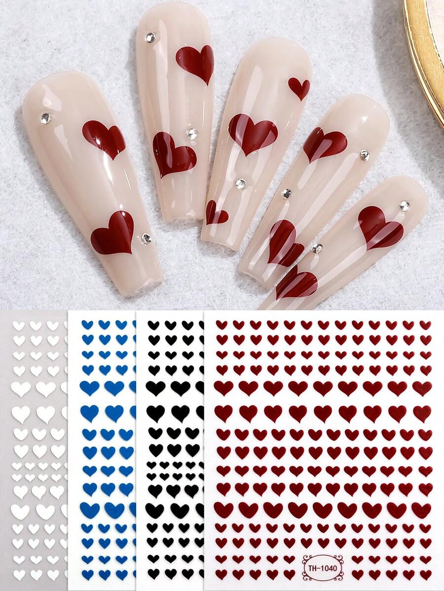 Beauty Sticker 4 Sheets Red & Blue Heart-Shaped Nail Sticker Sets, DIY Self-Adhesive Nail Art Decorations, Suitable For Valentine's Day Nails Nail Supplies Nail Stickers - Multicolor - View 1