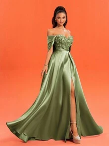 New Off-Shoulder Floral Lace Patchwork Side Slit Back Zipper Elegant Fashion Cocktail Evening Gown - Army Green - View 4