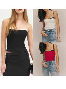 Women's Summer Fashion Cami Tops Sleeveless Backless Contrast Color Back Zip Up Vest