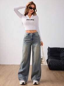 新款高品质修身阔腿牛仔裤，时尚休闲破洞复古宽松百搭牛仔裤女