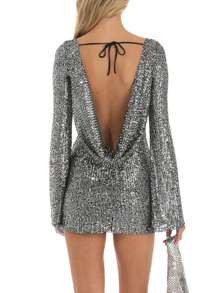 Women Mini Bodycon Dress Sequins Long Sleeve Tie-Up Backless Cocktail Dress Spring Fall Party Dress - 銀灰色 - 查看 9