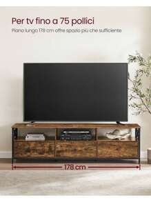 VASAGLE Mobile TV, mobile per TV fino a 80 pollici, lunghezza 178 cm, mobile TV con 3 cassetti, 3 scomparti aperti, 40 x 178 x 50 cm, soggiorno, telaio in acciaio, vintage marrone nero