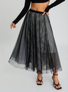 Women Half Dress Lace Mesh Floral Spring Fall Summer Street Casual Party Black Punk Skirt