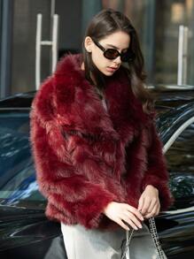 HH Faux Fur Jacket For Women Elegant Solid Lapel Long Sleeve Coat Casual Loose Female Winter Oversize Lady Chic Streetwear Jakcets - Burgundy - View 3
