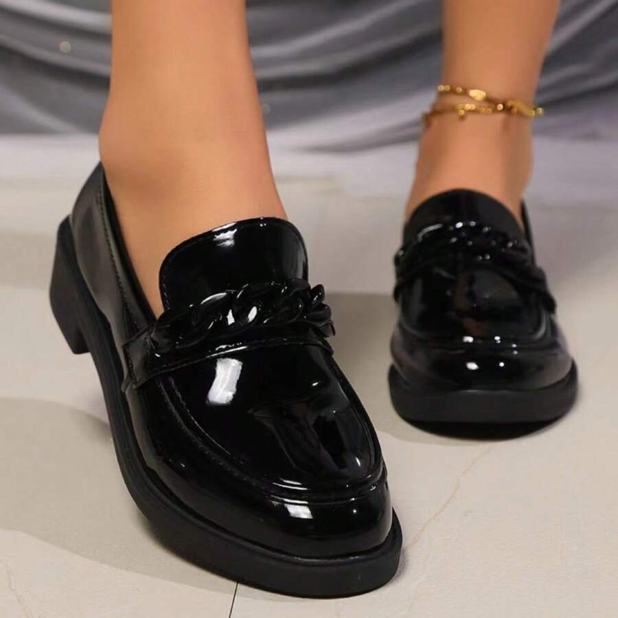 新款英式女款春季乐福鞋，漆皮鞋面，厚跟，软底，舒适真皮鞋 - 黑色 - 查看 1