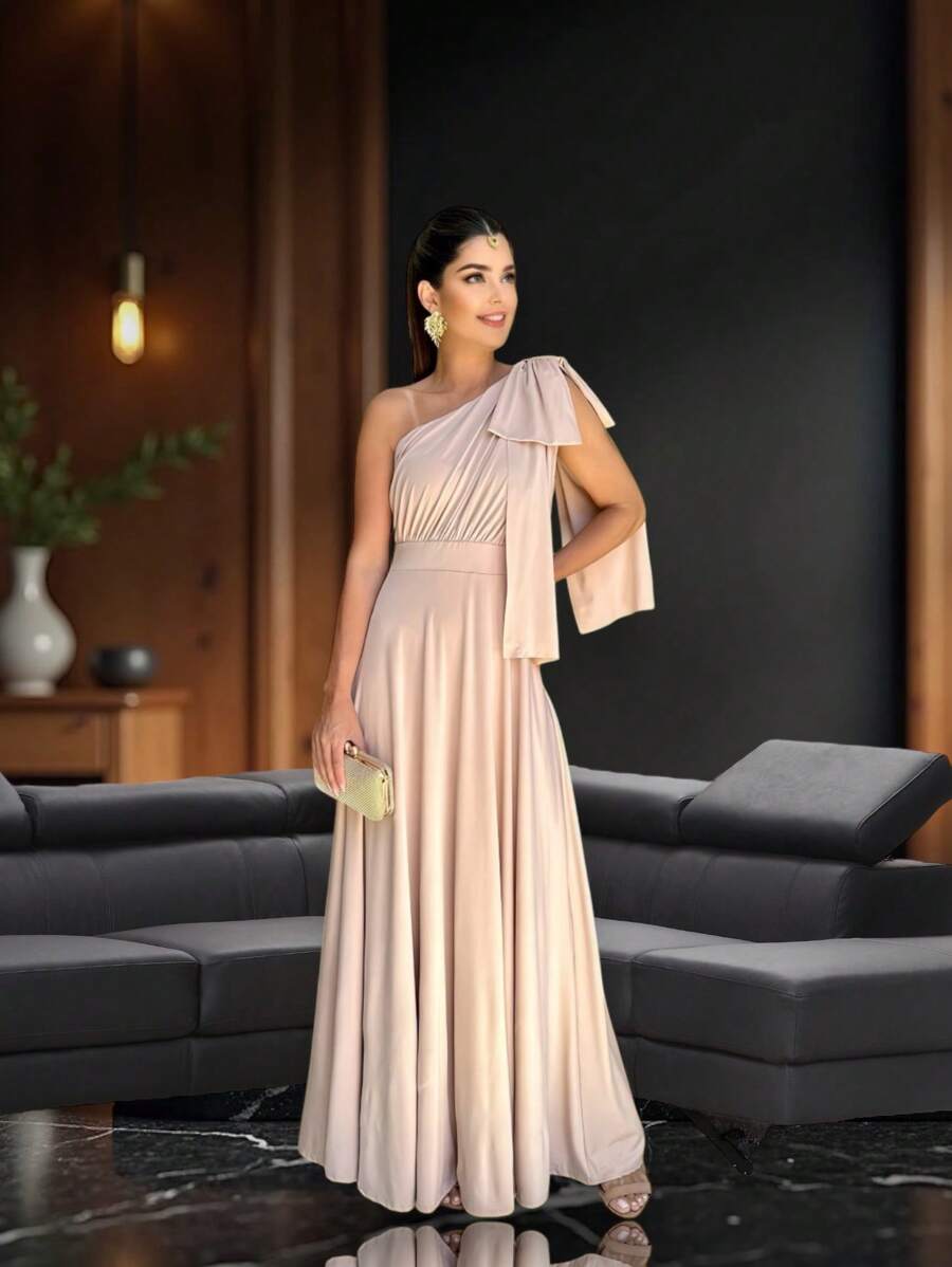 Long Party Dress With Lace, Lined Cups, Comfortable, Elegant, Simple - Beige - View 1