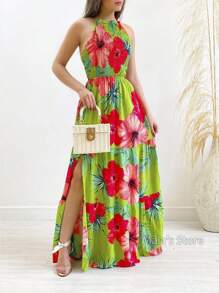 Elastek Elegant Slit Halter Neck Long Dress - Multicolor - View 1