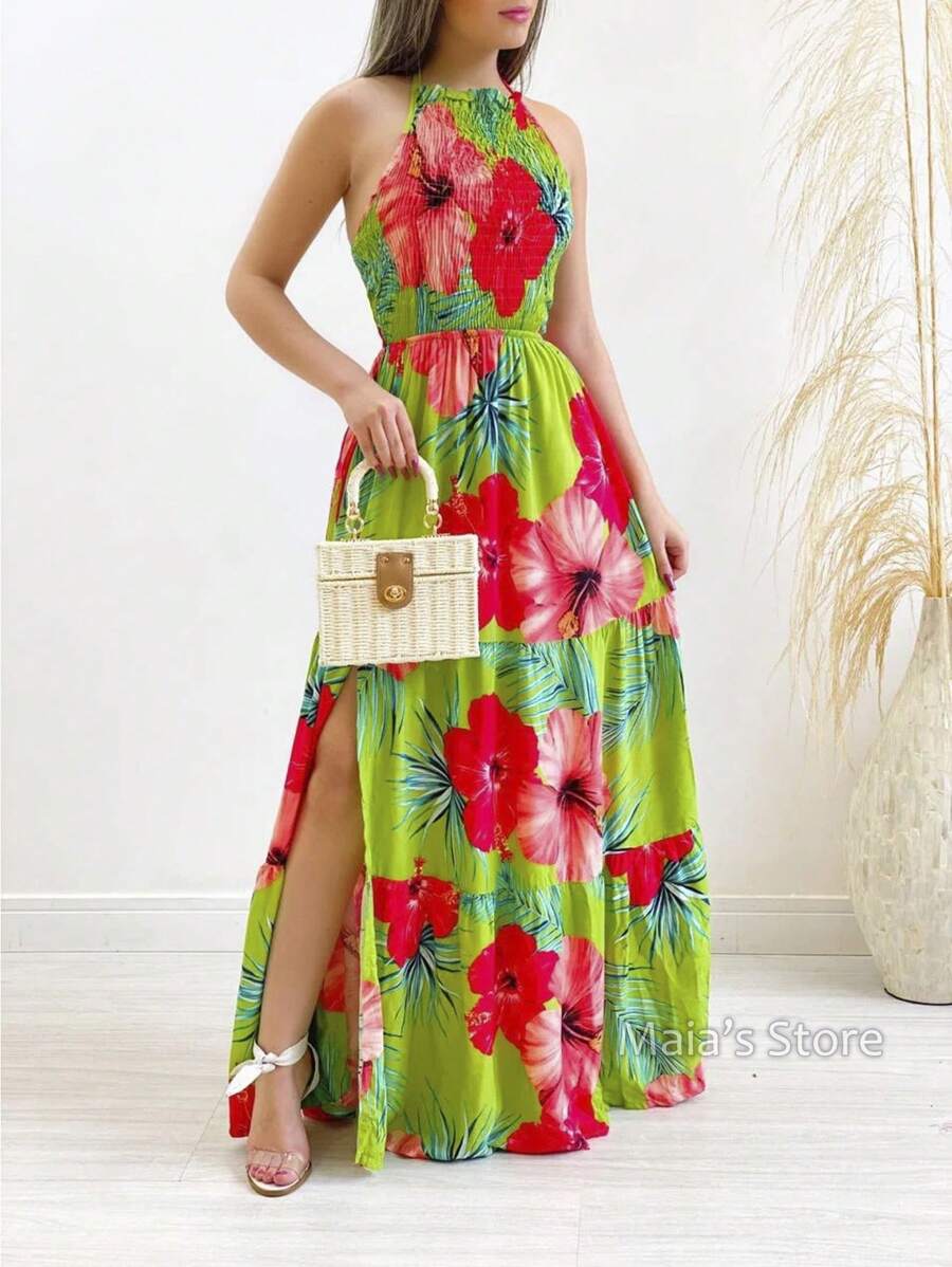 Elastek Elegant Slit Halter Neck Long Dress - Multicolor - View 1