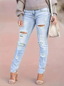 女式秋季低腰破洞休闲紧身裤 - 藍色 - 查看 5