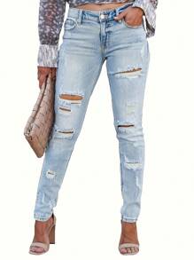 女式秋季低腰破洞休闲紧身裤 - 藍色 - 查看 6