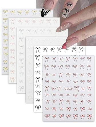 2/3/6/12 Sheets Bow Nail Art Stickers, Black White Red Gold Silver Ribbon Nail Decals, Self-Adhesive 3D Bowknot Nail Stickers For Girly Chic Nails, Wedding Festival Party DIY Manicure Decoration Supplies