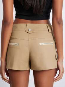 Women Low Rise Shorts Y2k Vintage Solid Color Multi Pockets Short Pants Cargo Shorts Summer Harajuku Streetwear - Màu Khaki - Xem 8