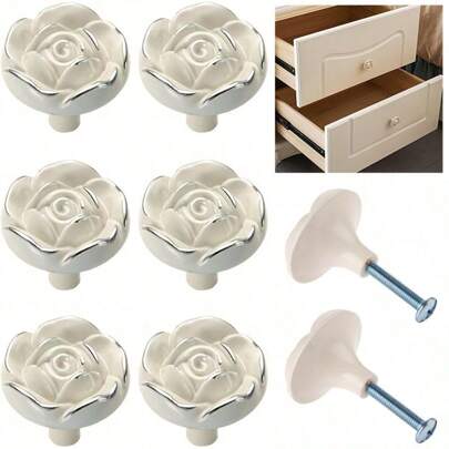 5/10pcs Vintage Rose Cabinet Knobs, Kitchen Minimalist Zinc Alloy White Drawer Pulls For Dresser Nightstands Cabinets Closets Wardrobes With Screws (Silver Line)