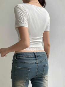 Women's Summer Slim Fit Tops Short Sleeve Square Neck Lace Trim Cropped T-Shirts