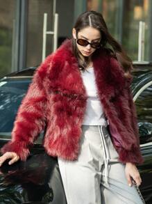 HH Faux Fur Jacket For Women Elegant Solid Lapel Long Sleeve Coat Casual Loose Female Winter Oversize Lady Chic Streetwear Jakcets - Burgundy - View 11