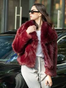HH Faux Fur Jacket For Women Elegant Solid Lapel Long Sleeve Coat Casual Loose Female Winter Oversize Lady Chic Streetwear Jakcets - Burgundy - View 9