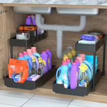 1 Pack Under Sink Organizer, 2 Tier Bathroom Cabinet Organizer With Sliding Basket, Multi-Purpose Under Sink Organizers And Storage For Bathroom Kitchen