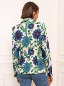 Veste blazer pour femme à imprimé floral bleu-vert, design à double boutonnage, dotée de boutons et de poches, élégante et classique, Collection Automne/Hiver