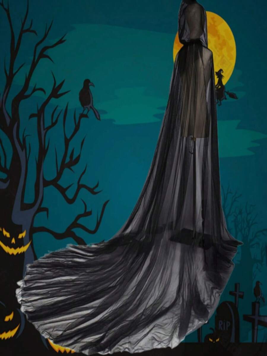 1pc Black Wedding Gauze Shawl Holiday Party Costume Cosplay Witch Robe Monolayer Long Trailing Hooded Cape Fall Clothes For Women