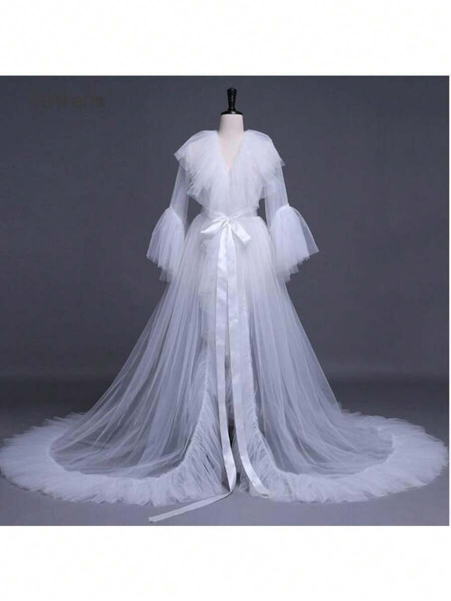 Women Summer Kimono Dress, Sheer Tulle V-Neck Long Flare Sleeves Floor-Length Night-Robe Lingerie, 4 Colors - trắng - Xem 1