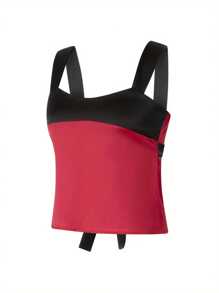 Ladies Summer Splicing Camisole, Women Leisure Style Contrast Color Low Cut Back Tie Up Sleeveless Backless Slim Tops - Rojo oscuro - Ver 2