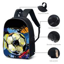 3 件套足球主题 3D 印花背包、斜挎包、铅笔袋、16 英寸书包、户外旅行包 - 黑色 - 查看 6