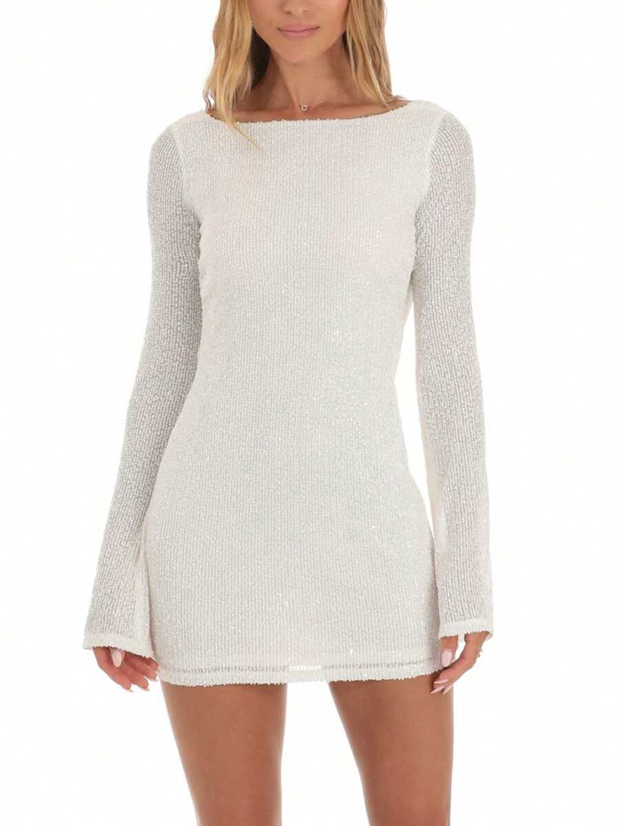 Women Mini Bodycon Dress Sequins Long Sleeve Tie-Up Backless Cocktail Dress Spring Fall Party Dress - White - View 1