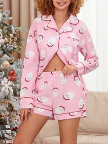 Women's 2 Piece Lounge Set Long Sleeve Santa Claus Print Shirt Shorts Sleepwear Sets