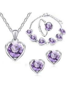 Conjunto de pulsera, collar, aretes y anillo con zirconia cúbica con forma de corazón, joyas minimalistas y versátiles - Unitalla - Ver 5