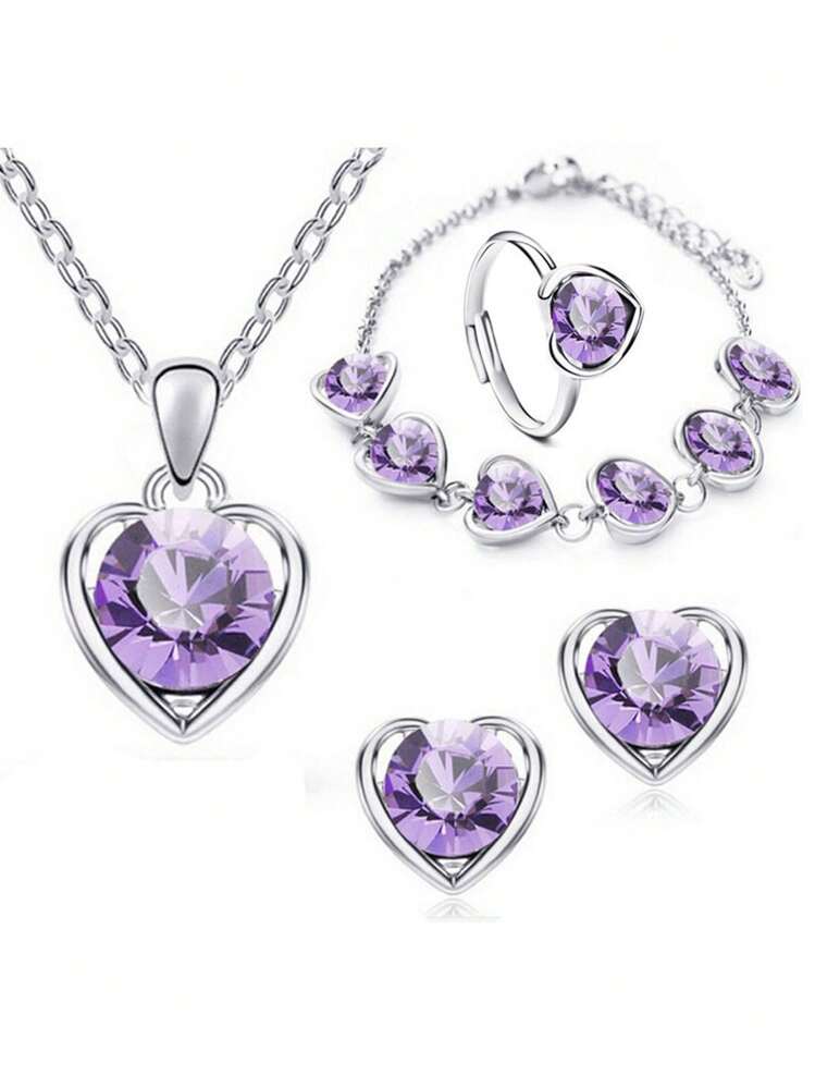 Conjunto de pulsera, collar, aretes y anillo con zirconia cúbica con forma de corazón, joyas minimalistas y versátiles - Unitalla - Añade 5